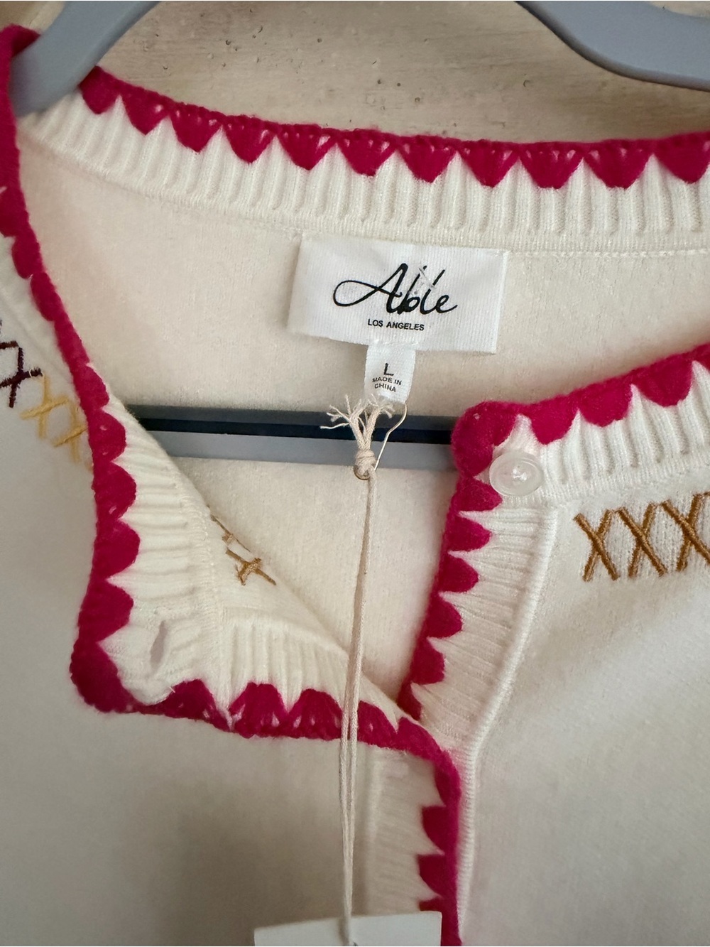 NWT Able Embroidered Cardigan with Hot Pink Scalloped Trim Size Large - Picture 4 of 6